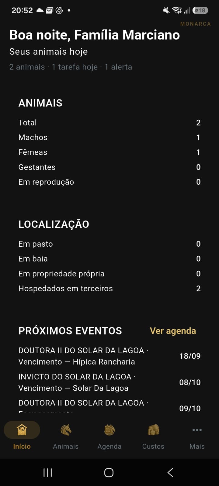 Tela inicial com resumo dos animais e próximos eventos
