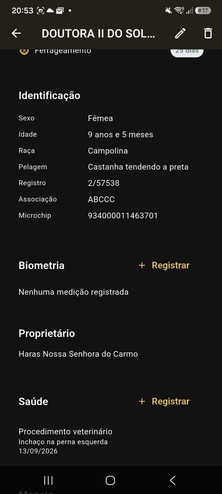 Ficha de identificação do animal, com registro e microchip