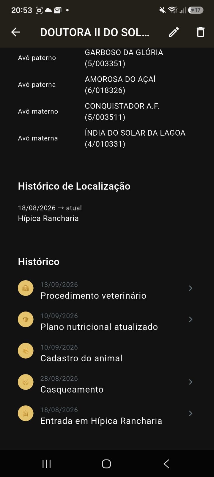 Genealogia e histórico do animal
