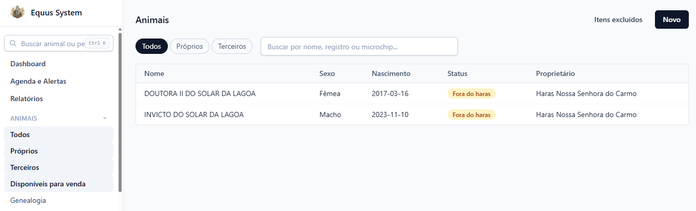 Lista de animais próprios e de terceiros